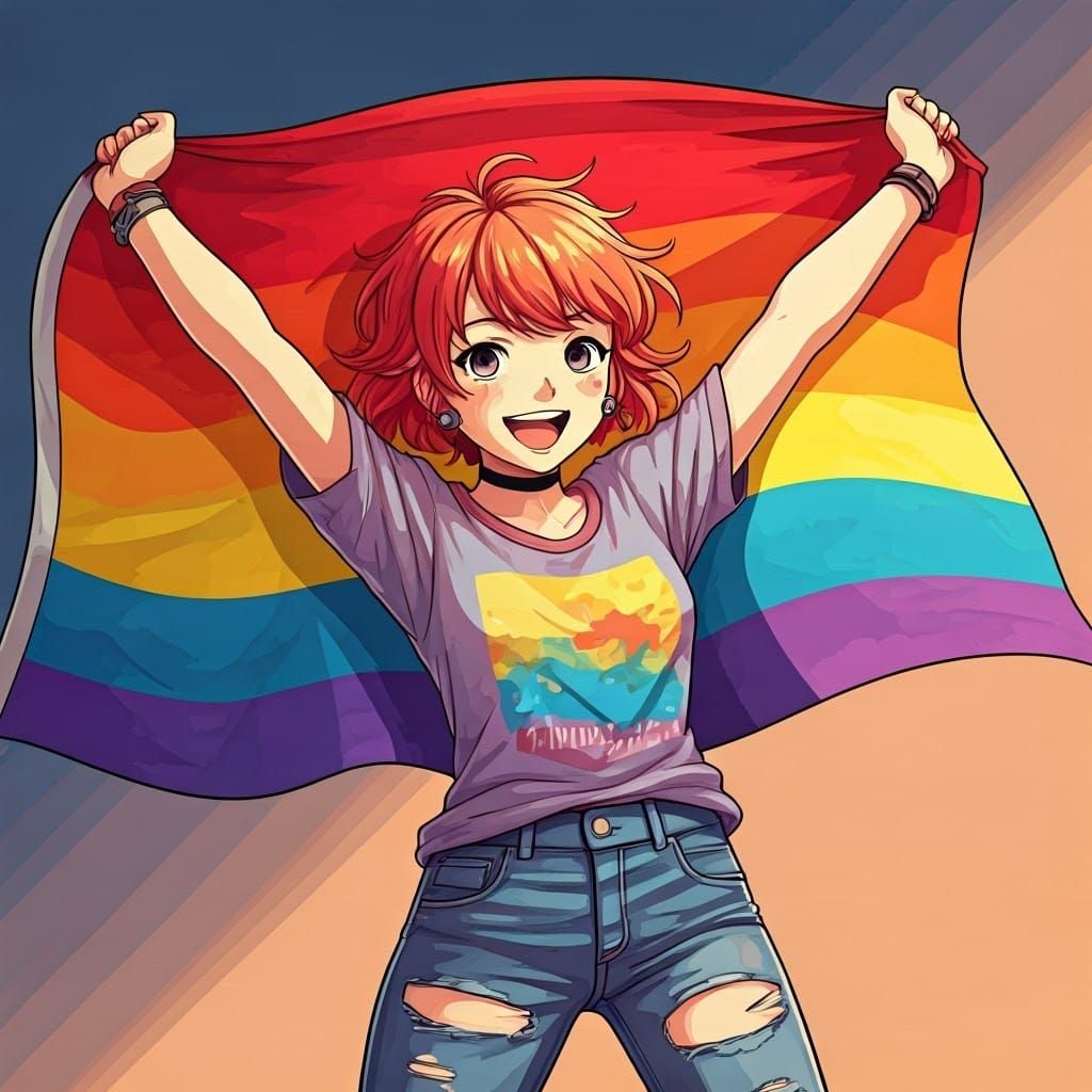 Confident Teen Girl Wields Pride Flag in Vibrant Anime-Inspi...