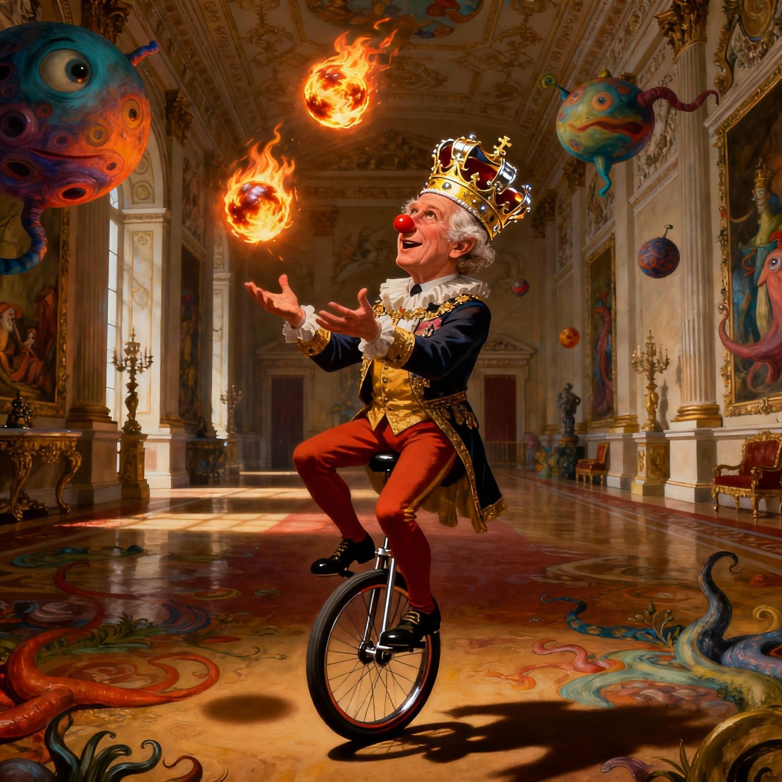 Clown King Charles Juggles Fire Balls on Unicycle