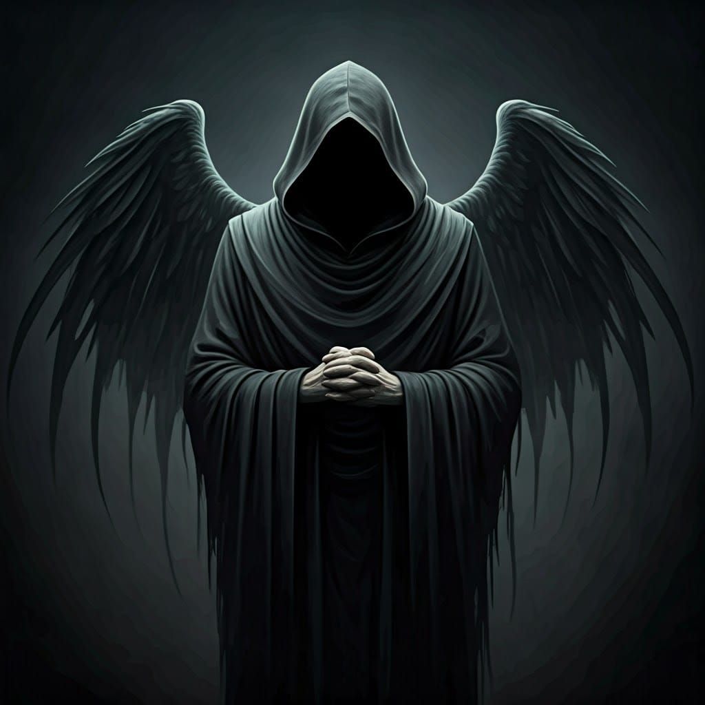 Mysterious Figure in Dark Robes with Tattered Wings