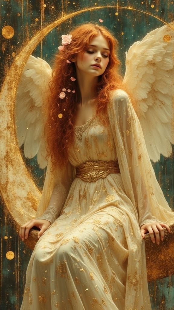 Ethereal Angel Woman in Sparkling Gold Leaves on Crescent Mo...