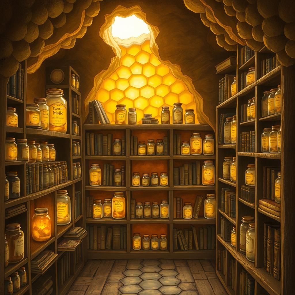 Magic Potions in Honeycomb Beehive, Mystical Fairytale Art
