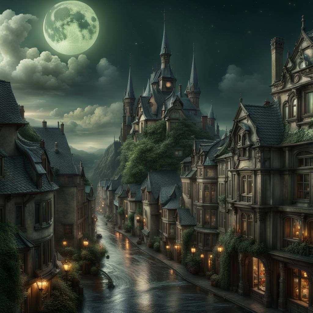 Ethereal Witch in Cityscape with Fireflies