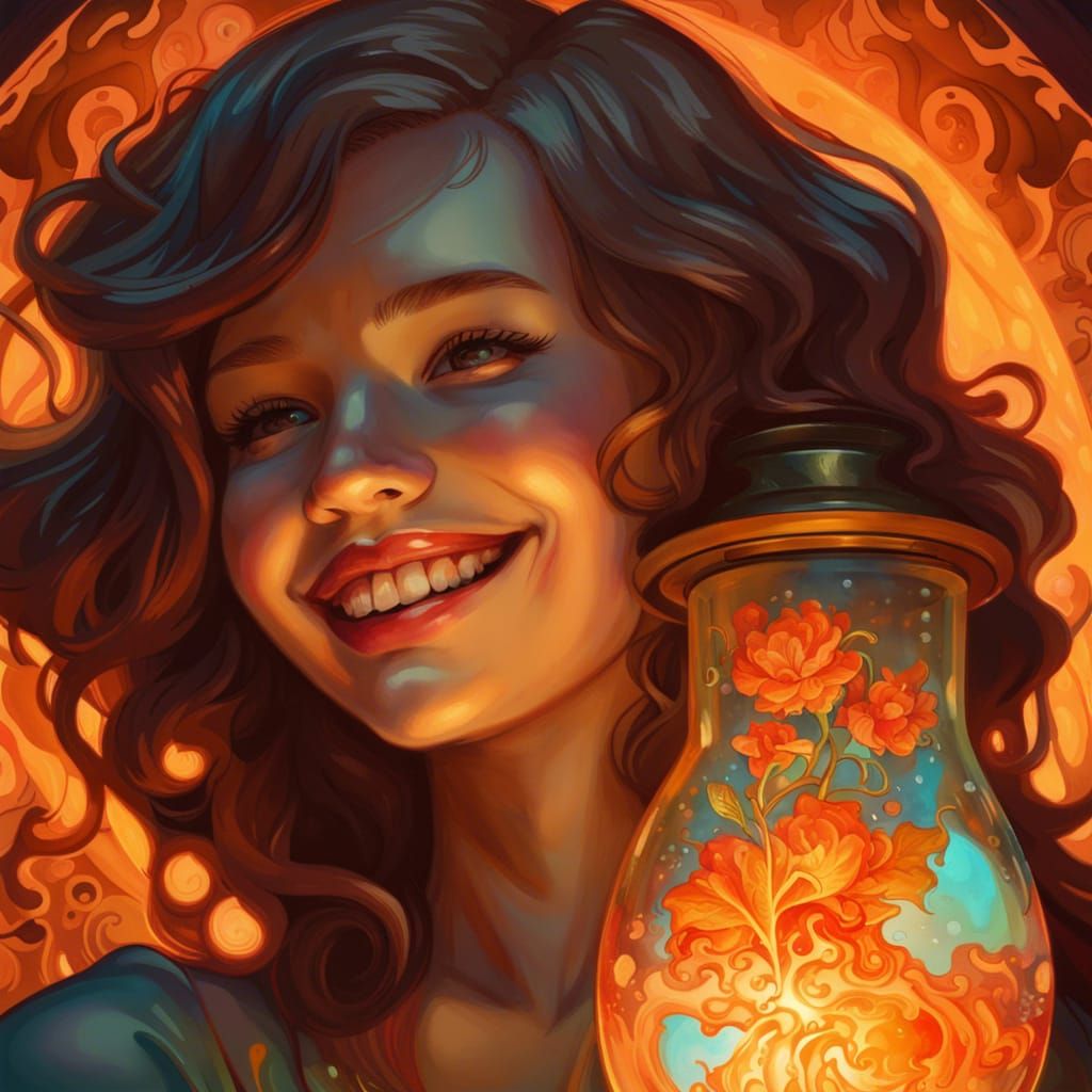 Smiling Girl with Lava Lamp: Hyperrealistic Digital Art