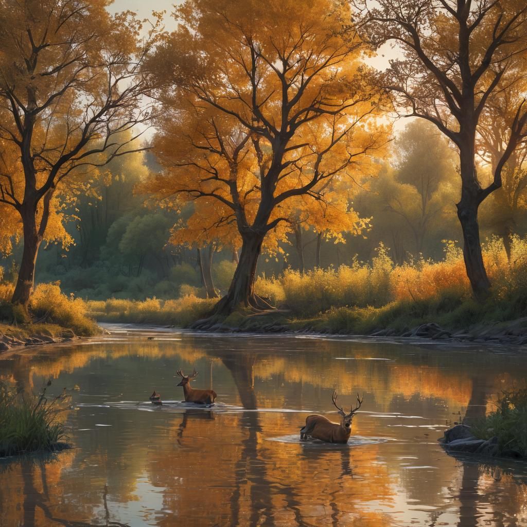 Orchard River Scene with Deer in Art Deco Ink