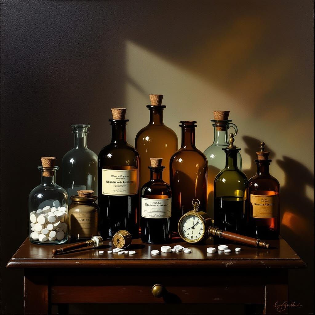 Antique Medicine Bottles Still Life Oil Painting