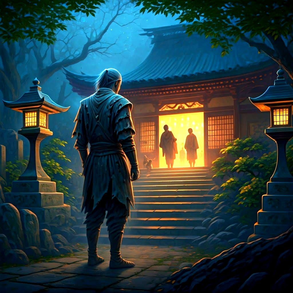 Samurai Ghost Visits Family: Ethereal Fantasy Scene