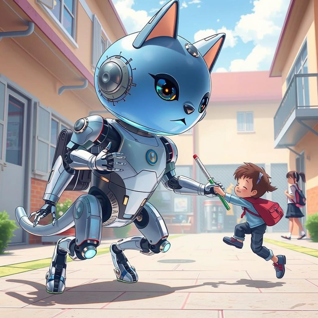 Futuristic Robot Cat Helps Student in Cinematic Scene