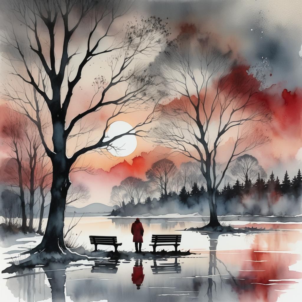 Frozen Lake: Watercolour and Charcoal Silhouette