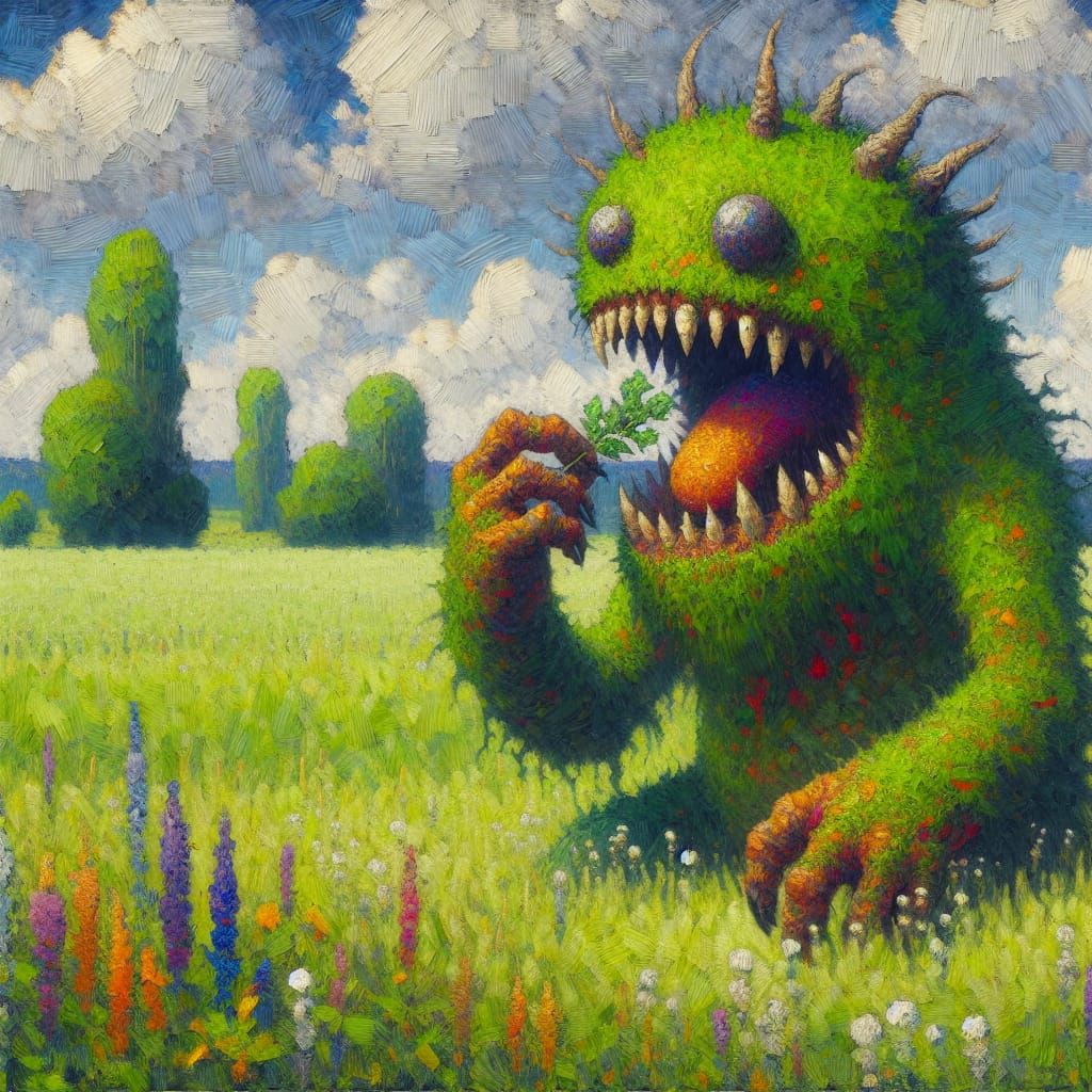 Friendly Monster Munching in Green Field, Early 20th-Century...