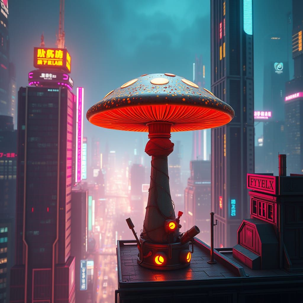 Cyborg Mushroom in Neon Cyberpunk City