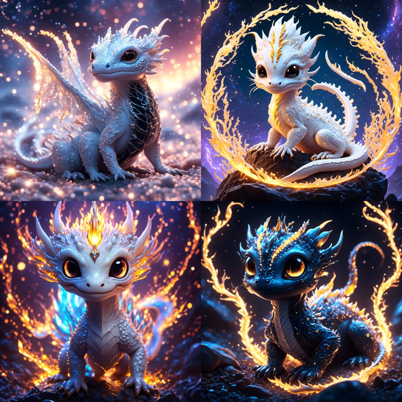 Chibi White Salamander Dragon in Dark Sky
