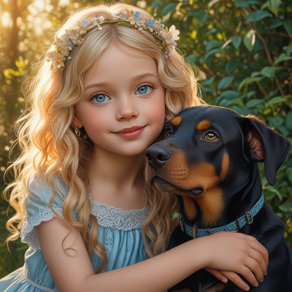 Whimsical Summer Scene with a Smiling Girl and Her Loyal Dob...