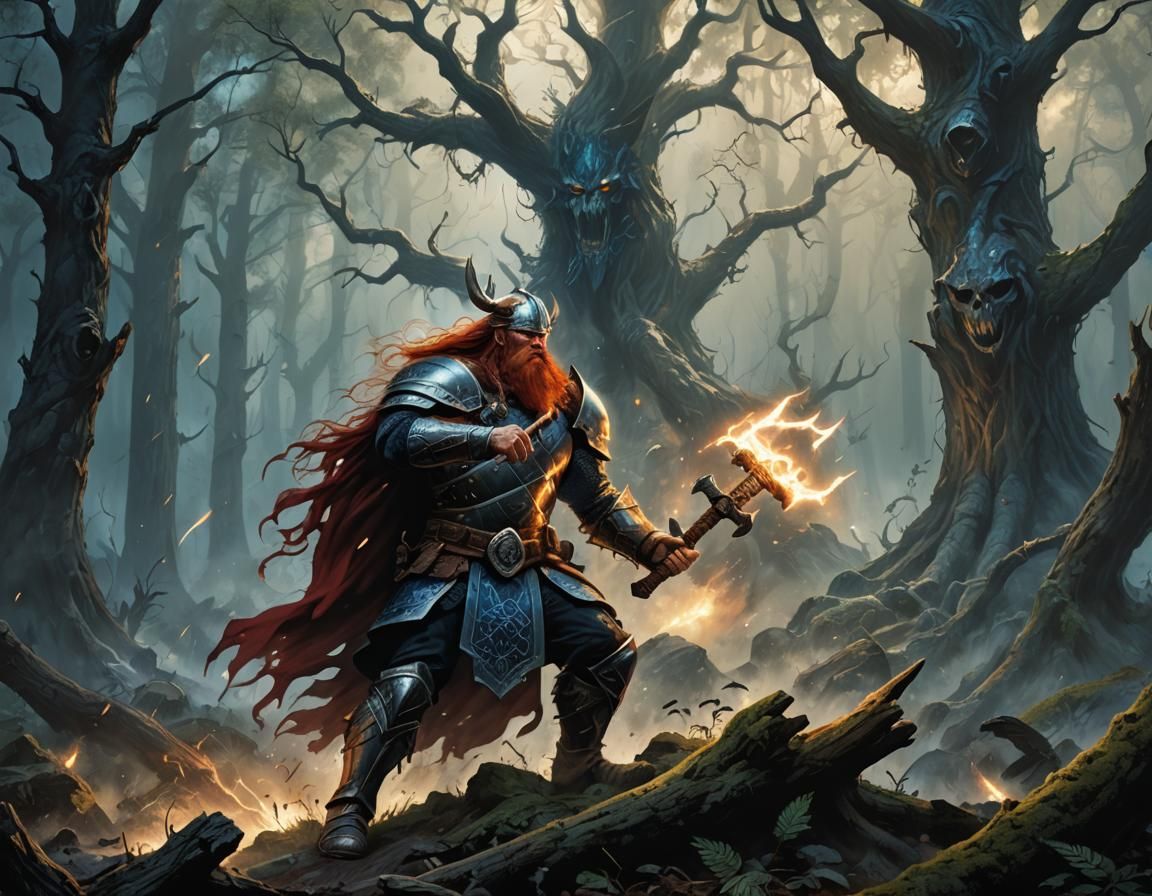 Heroic Nordic Warrior Wields Lightning-Forged Hammer in Dark...