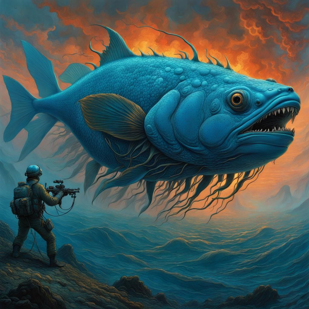 Surreal Blue Cod Battles Drones in Burning Sky