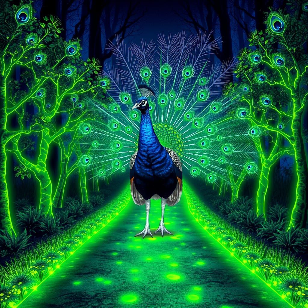 Fluorescent Peacock Strutting Through Black Lite Forest