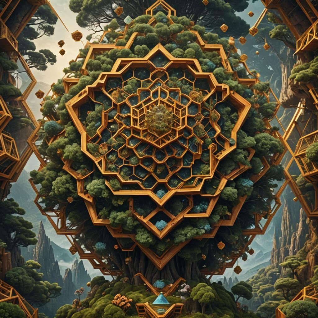 Sacred Geometry Pine Honeycomb: Digital Matte Painting