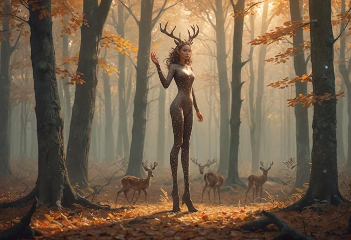 Deer-Human Hybrid in Autumn Forest, Fantasy Art