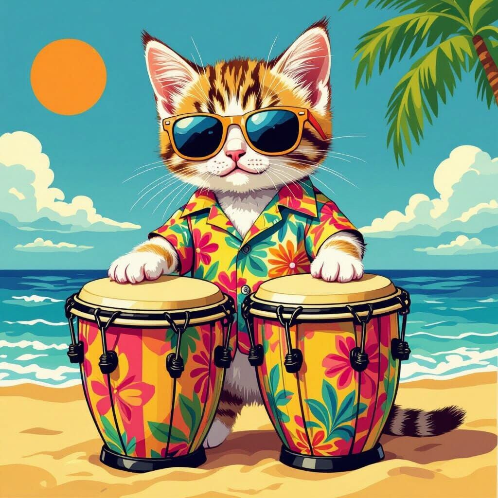 Kitten Conga Player on a Vibrant Beach