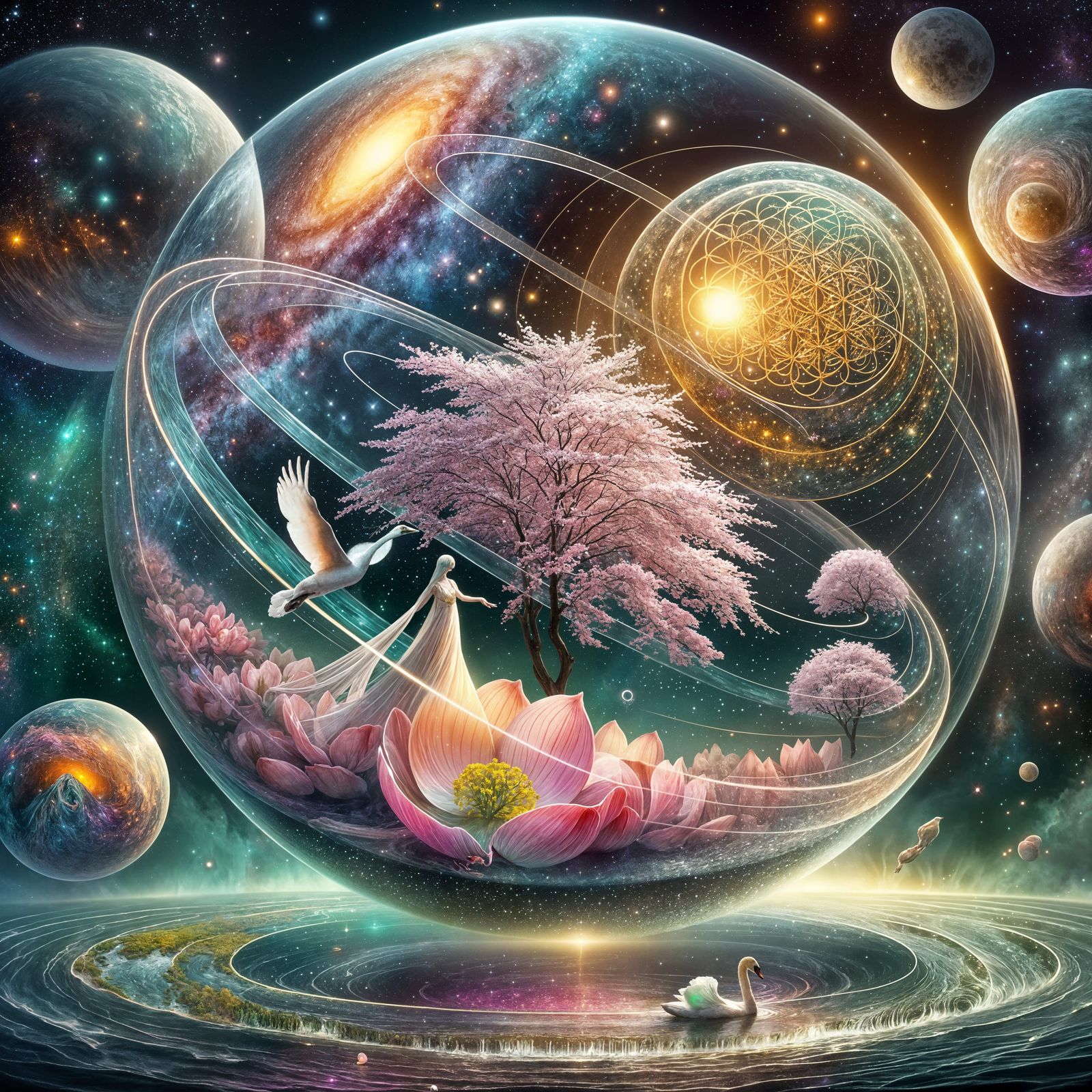 Cosmic Galaxy in Glass Egg with Blossoms