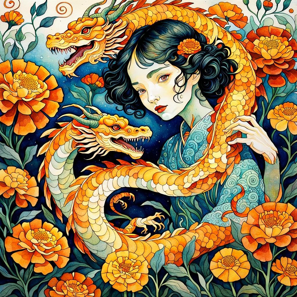 Dragon and Marigolds in Flowing Watercolor Style
