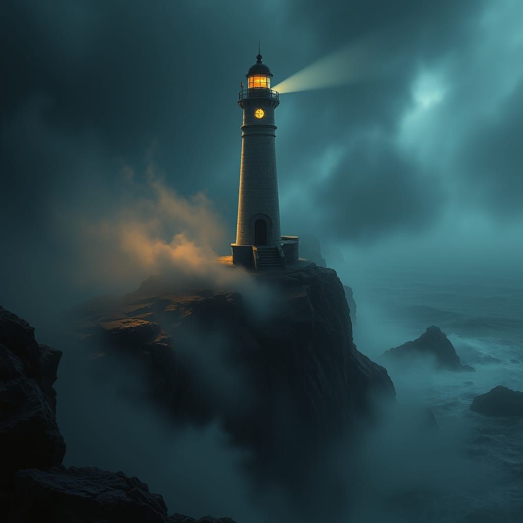 Majestic Lighthouse in Stormy Seas, Film Noir Style