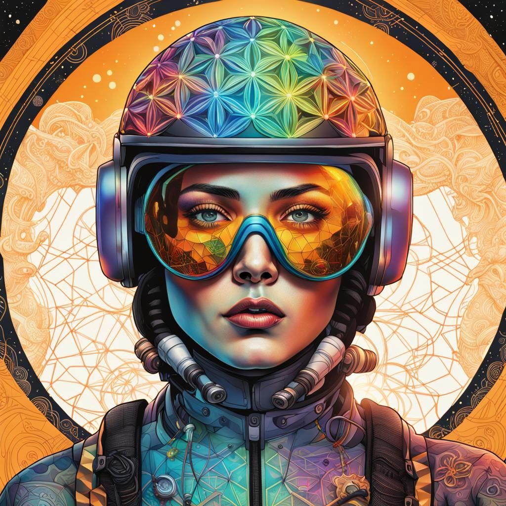 Woman in Space Helmet with Geometric Tattoos