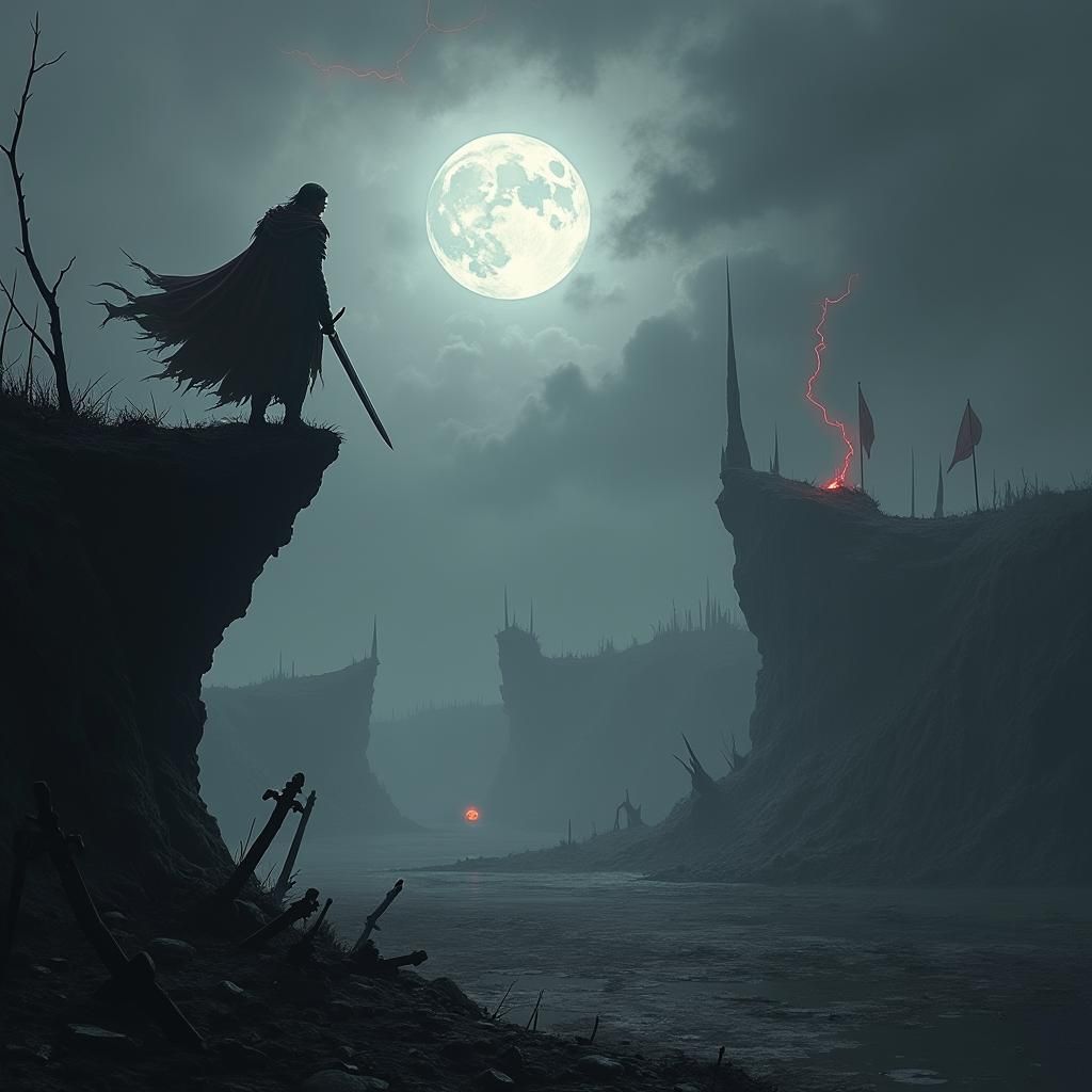 Misty Battlefield: Ares in Dark Fantasy Landscape