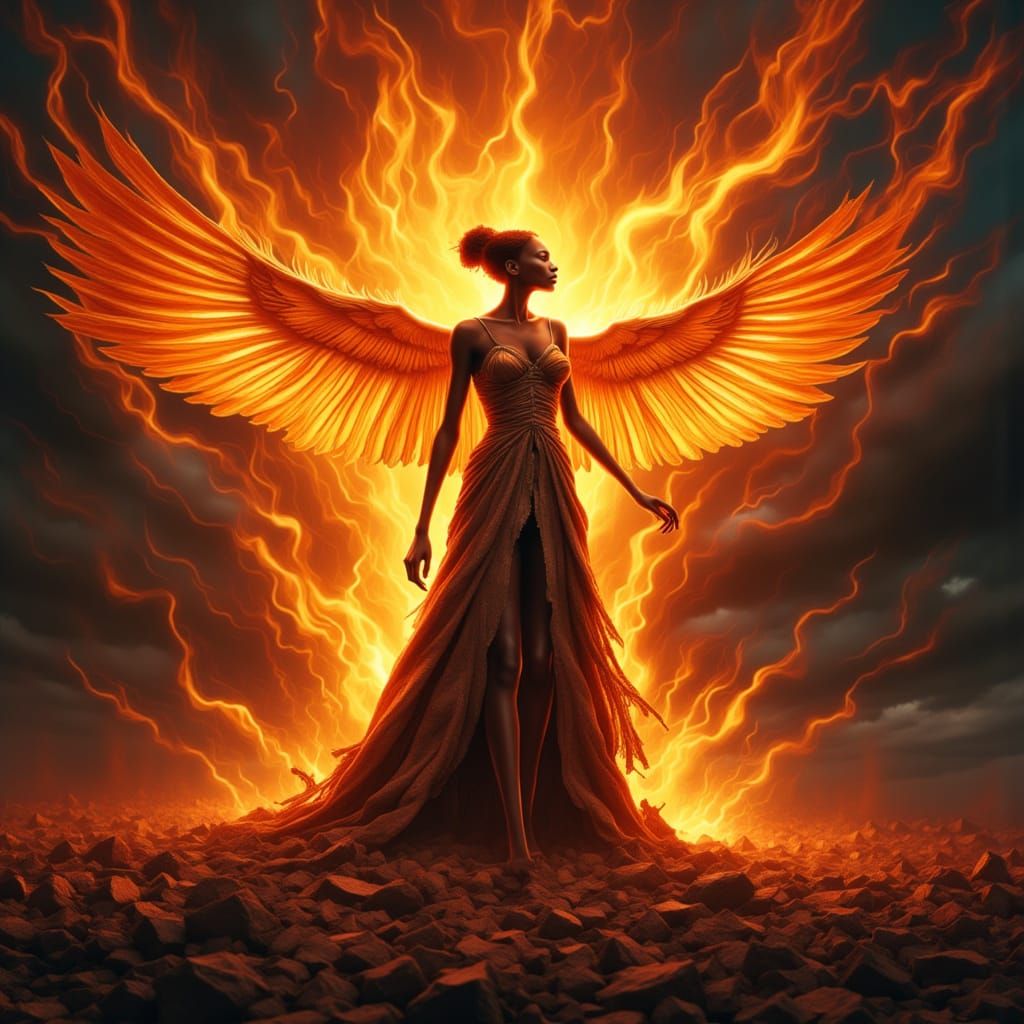 Phoenix Woman Rises from Ashes in Radiant Light
