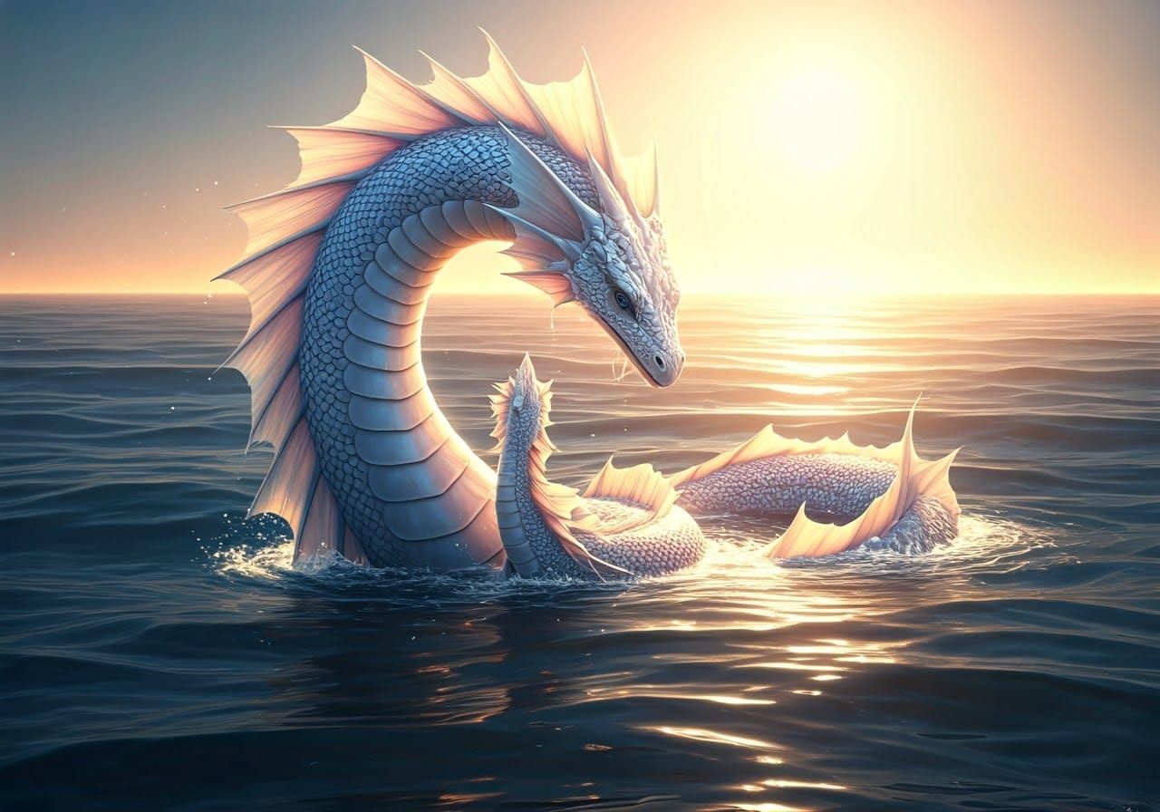 Iridescent Sea Serpent with Baby in Morning Light