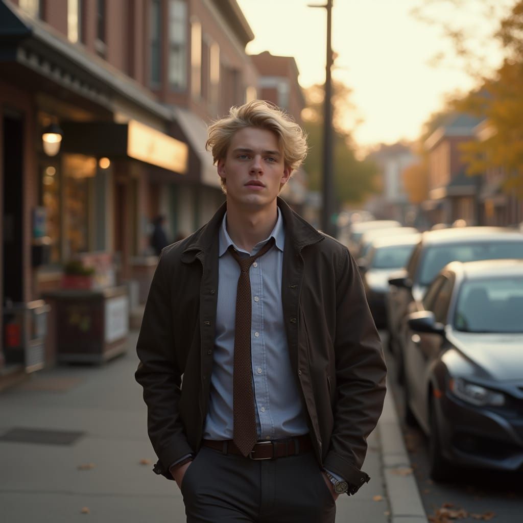 Hyperrealistic Photo of Young Man on Autumn Street