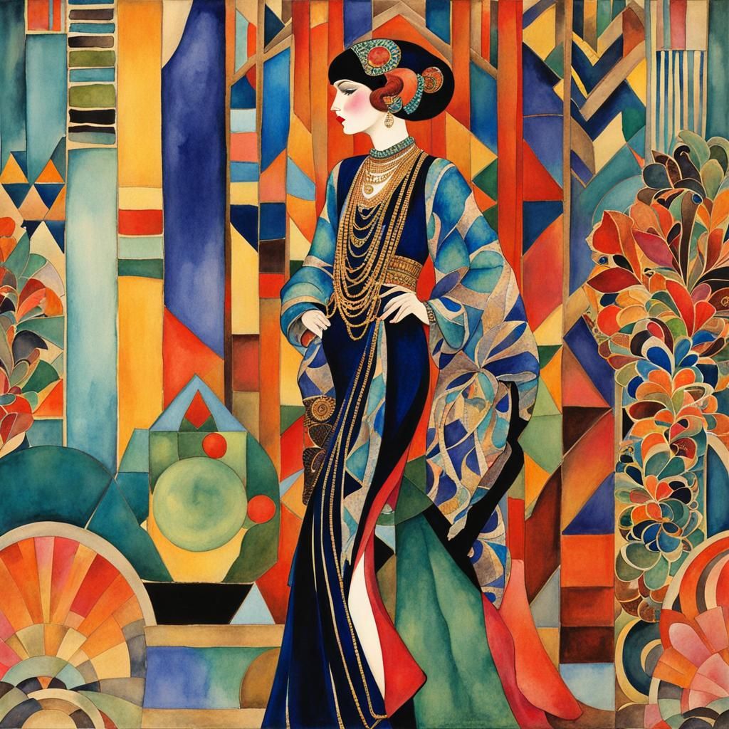 Art Deco Woman in Exotic Fashion Watercolor