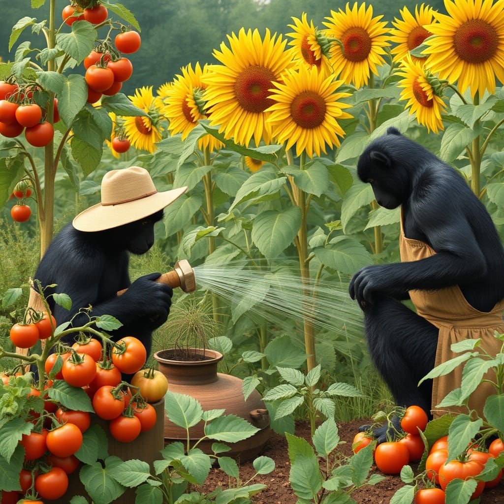 Bonobos Gardening Among Sunflowers and Tomatoes