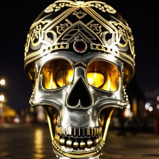 Illuminated Metal Skull in Cityscape at Night