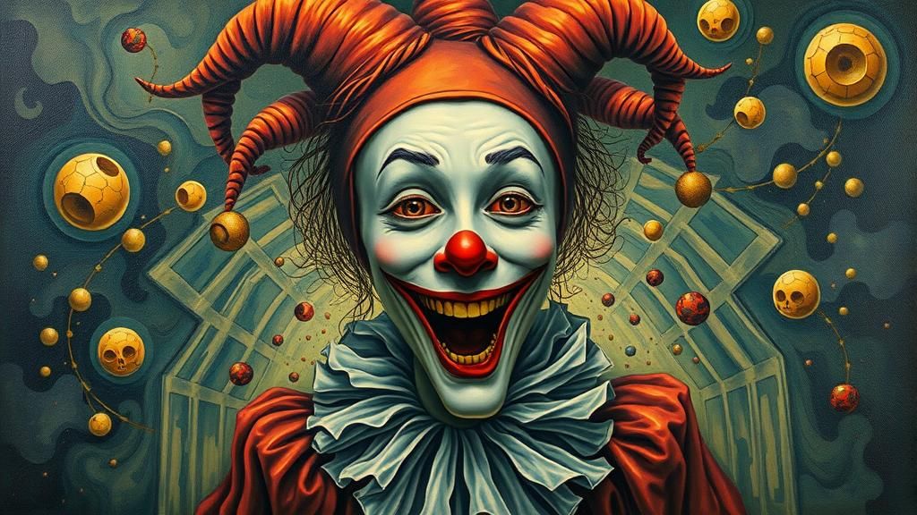 Eerie Jester Figure Emerging from Surreal Oil Painting