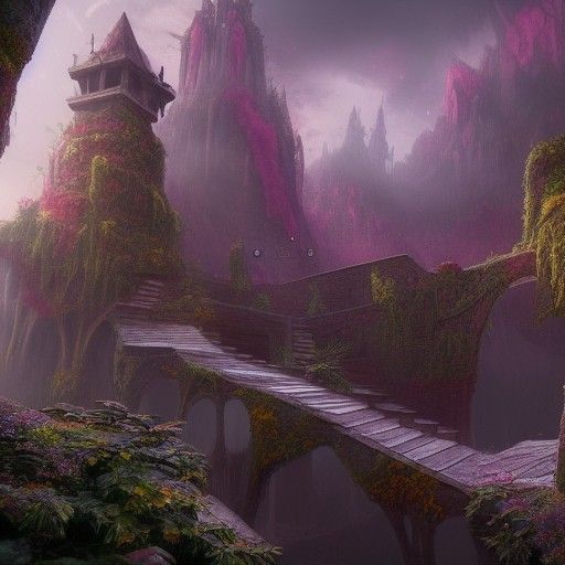 Fantastical Staircase in Overgrown Landscape