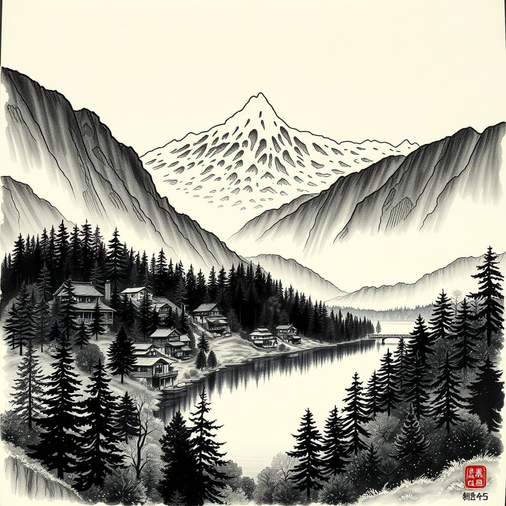 Ink Painting of Village, Forest, Lake, and Mountains