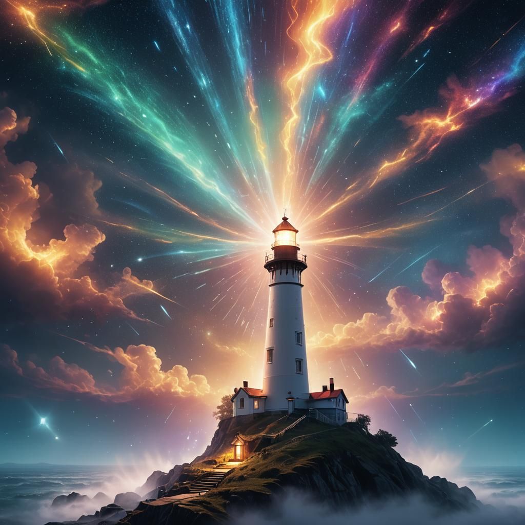 Lighthouse Shines in Astral Cosmic Illustration