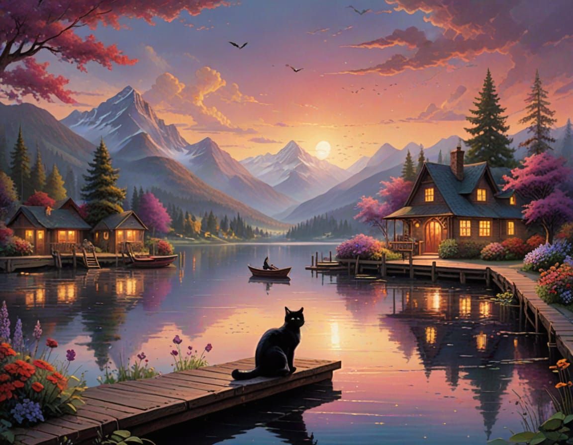 Black Cat Contemplates Sunset Lake Scenery