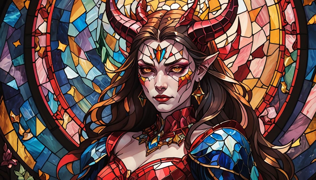 Stained Glass Devil in Red Dress, Art Nouveau