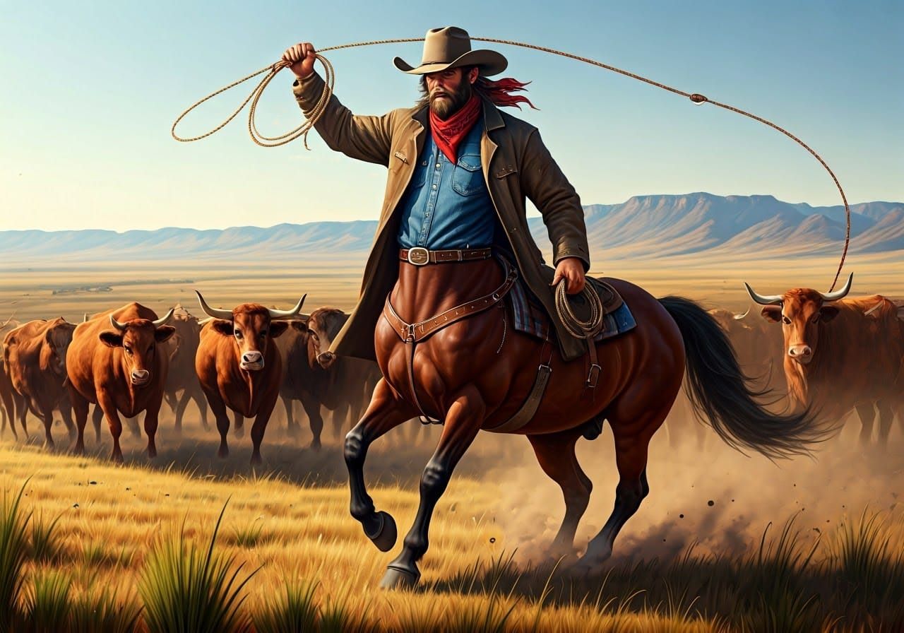 Cowboy Centaur on Cattle Drive in Golden Light