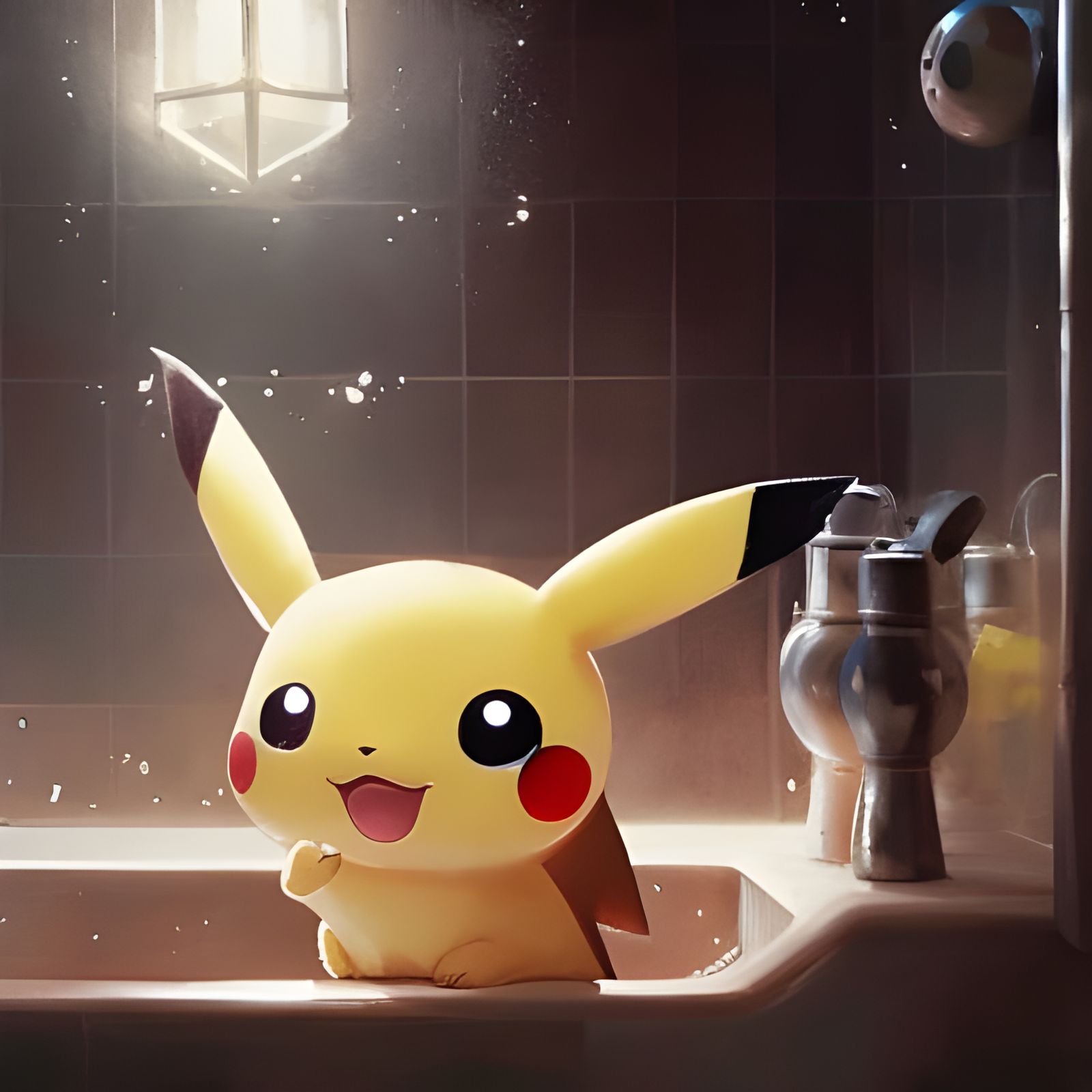 Pikachu in Shower: Studio Ghibli Style Illustration