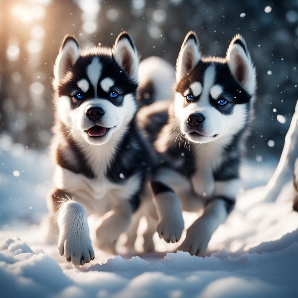 Husky Puppies Frolic in Snowy Fantasy Landscape