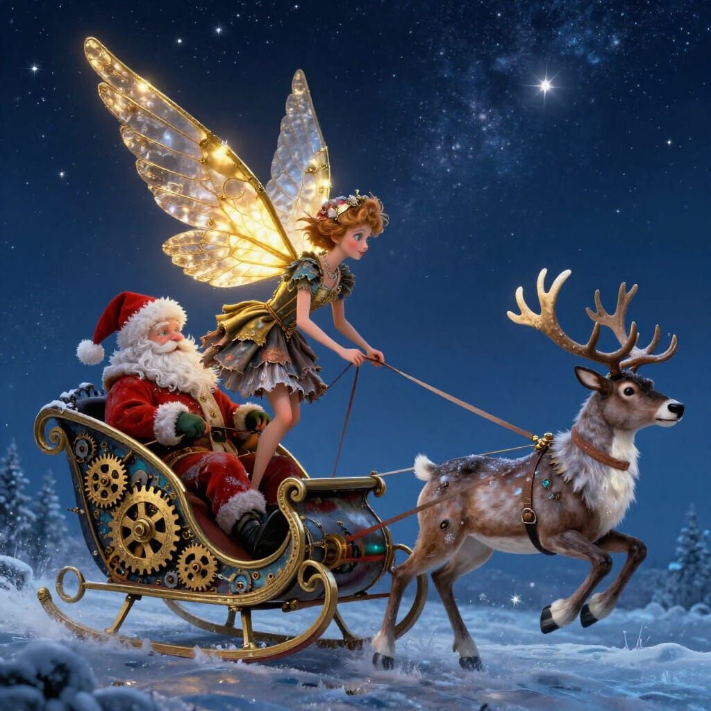 Steampunk Fairy Rides Santa's Sled with Spectral Reindeer
