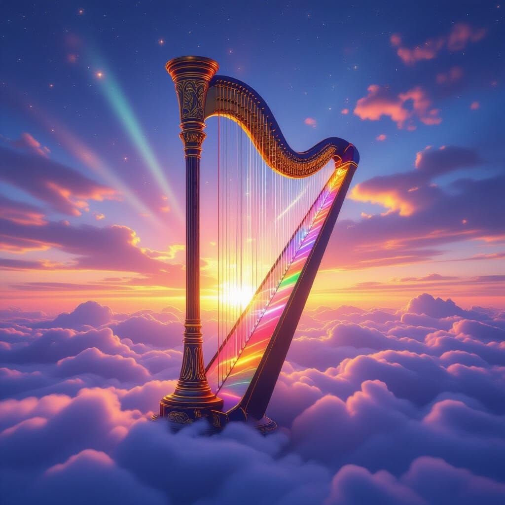Rainbow Light Harp in Dreamy Sky: Fantasy Art