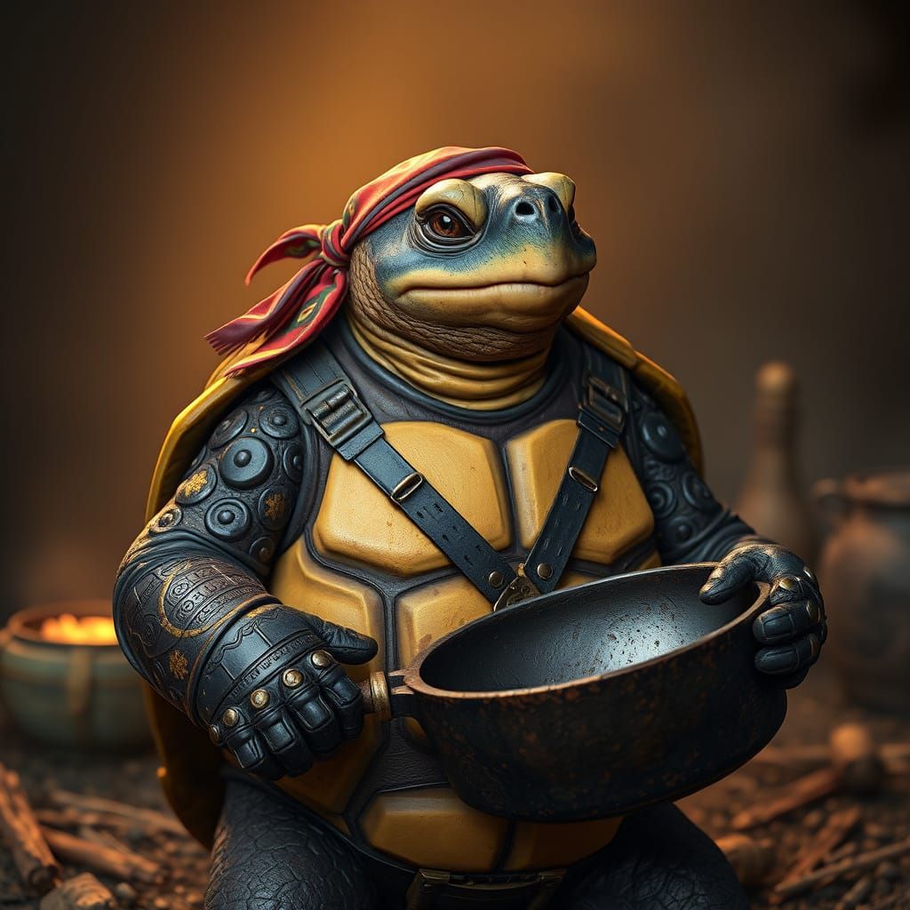 Fantasy Tortle Warrior in Earthy, Vibrant Attire