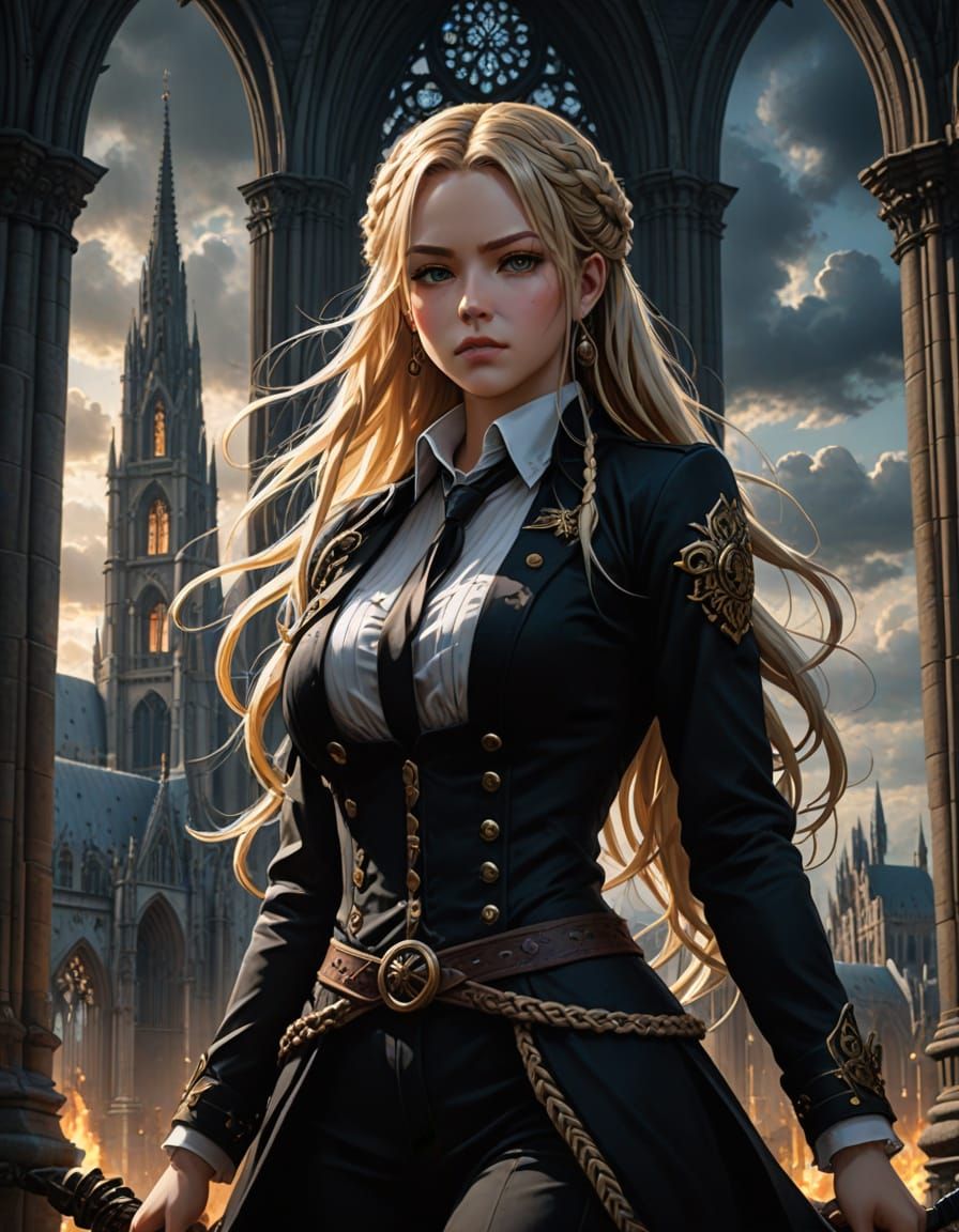 Anime Warrior Princess on Gothic Cathedral