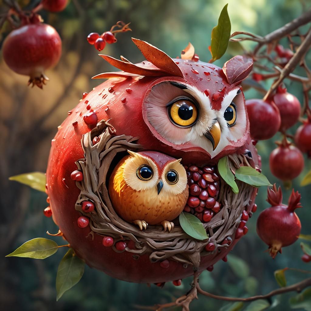 Chibi Owl Faces in Pomegranate Seeds: Anime Style