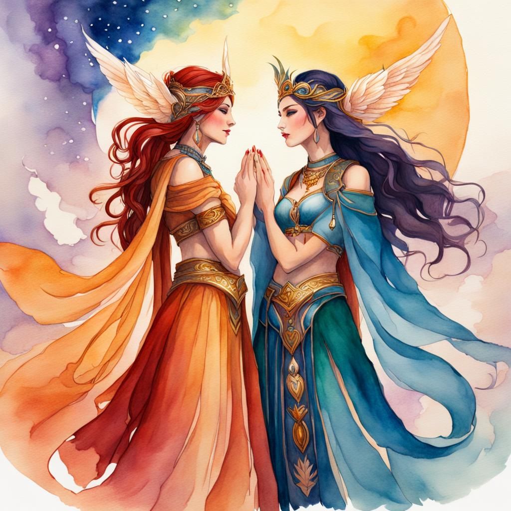 Loving Lesbian Goddesses in Watercolor Style