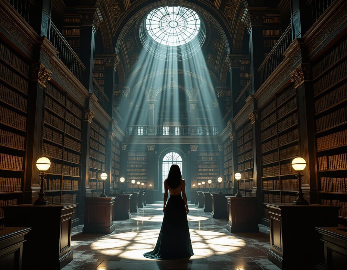 Art Deco Librarian in Decaying Library