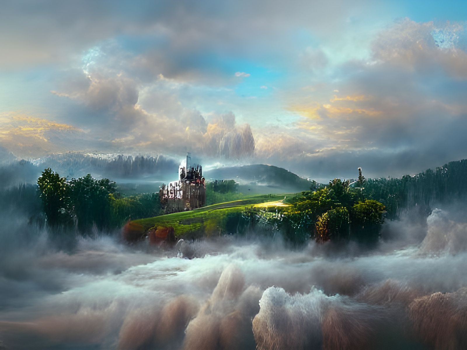 Ethereal Rainy Landscape with Medieval Castle